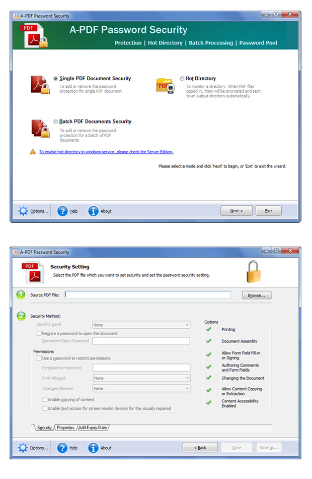 screenshots for A-PDF Password Security