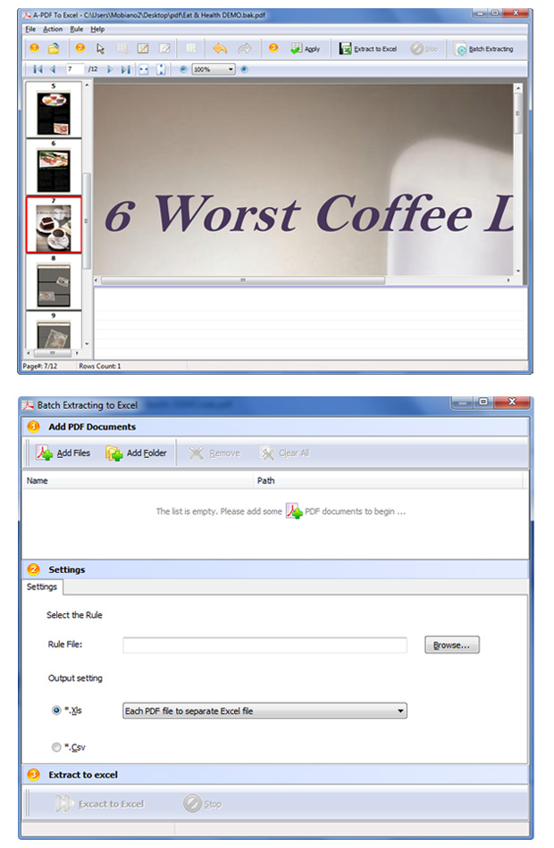 screenshots for A-PDF to Excel
